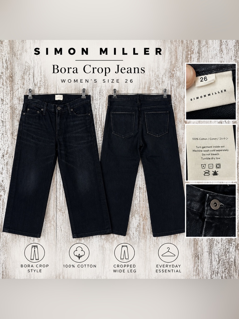 Simon Miller Bora Crop Jeans Women’s Size 26 Black High Rise Wide Leg Denim
